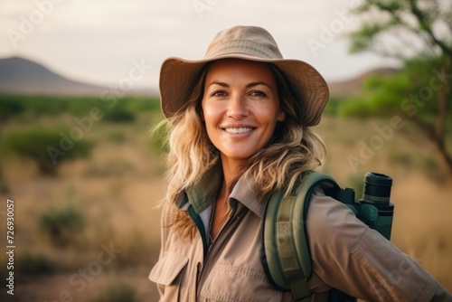 Portrait of a happy woman with backpack and binoculars in the wilderness