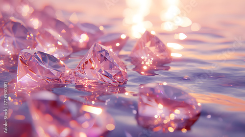 Sparkling pink diamond in water. The diamonds are pink and have a light shining on them. photo