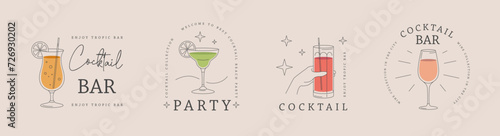 Set of modern line art logo, label or emblem design with different cocktails. Vector illustration