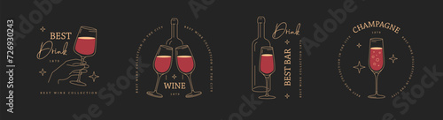 Set of modern line art logo, label or emblem design with wine glass and bottle. Vector illustration photo