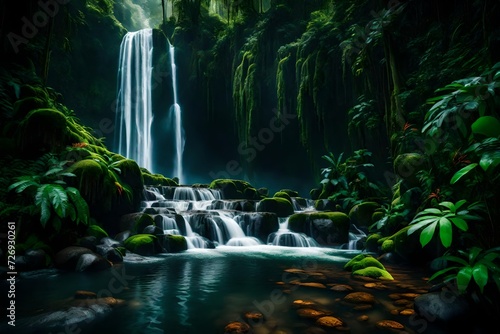 A breathtaking vista of a cascading waterfall nestled in a lush, untouched rainforest, with mist rising from the water and vibrant flora surrounding the scene.