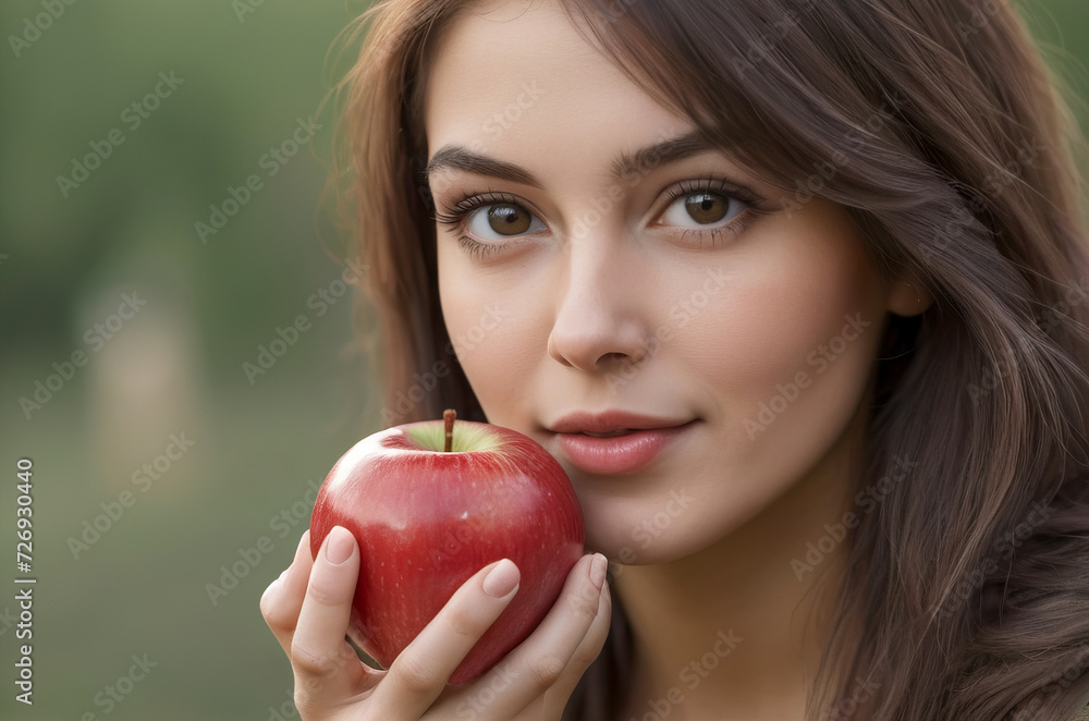 Woman holding red apple looking at camera Woman holding red apple looking at camera