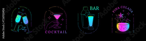 Set of modern fluorescent line art logo, label or emblem design with different cocktails. Vector illustration
