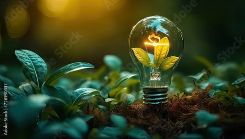 Green plant growing around glowing light bulb of eco friendly innovation and sustainable energy representing ideas of environmental protection conservation and creativity in technology photo