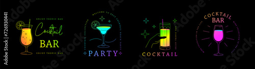 Set of modern fluorescent line art logo, label or emblem design with different cocktails. Vector illustration