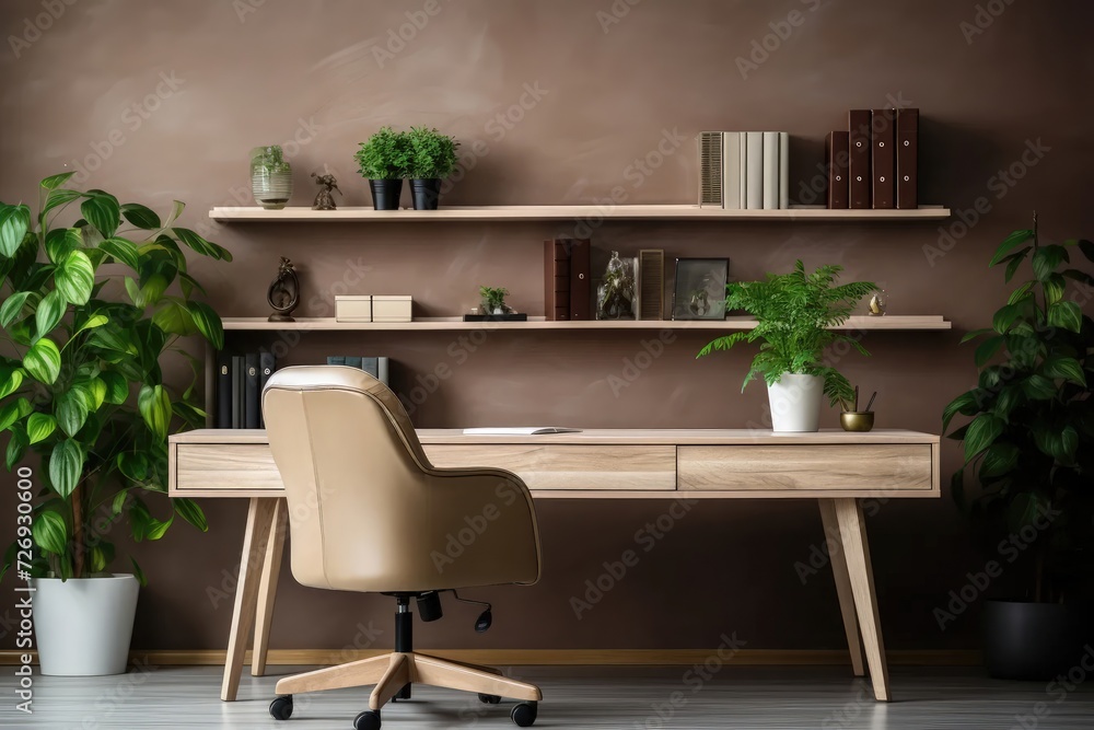 Fototapeta premium A home office with a warm and inviting atmosphere features a wooden desk and shelves adorned with green plants, adding a touch of nature to the workspace.