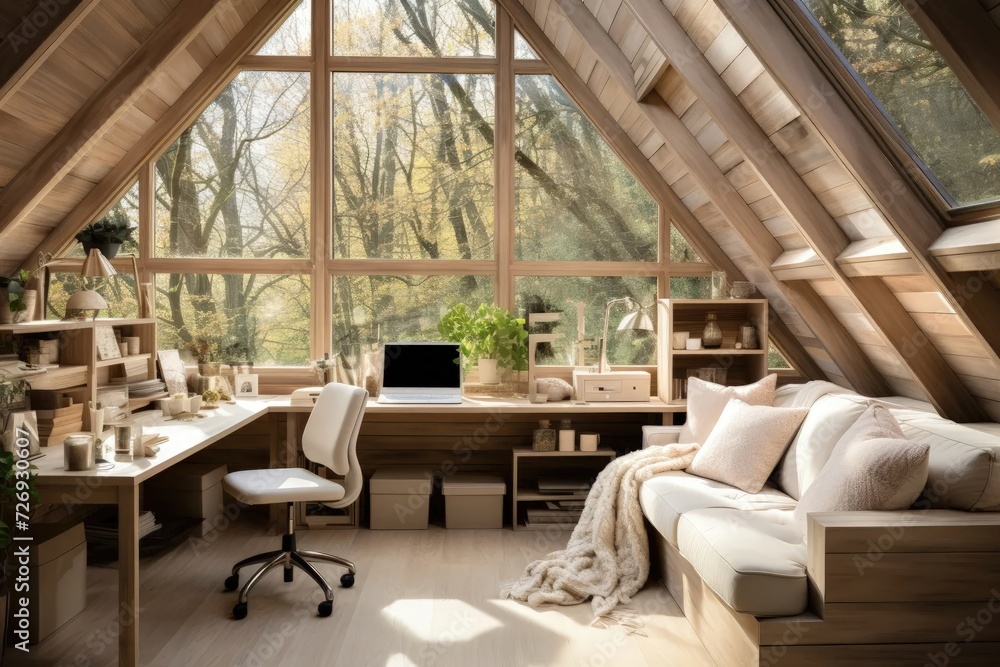 Envision a cozy and sunlit home office with a pitched roof, featuring an all-wood interior, a small couch for relaxation, and a wooden desk for a warm and inviting workspace.