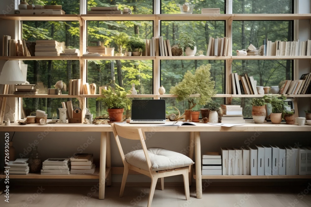 Picture a home office with a large window framing a vibrant summer forest view, adorned with all-wood furniture to create a warm and natural workspace. Picture a home office with a large window framing a vibrant summer forest view, adorned with all-wood furniture to create a warm and natural workspace.