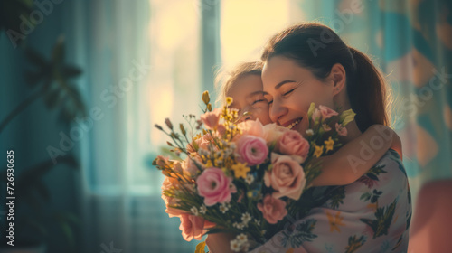 Mother and daughter hugging, holding a bouquet of flowers  photo