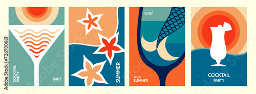 Set of retro summer posters with summer attributes. Cocktail silhouette, mermaid tail, sun in glass. Vector illustration