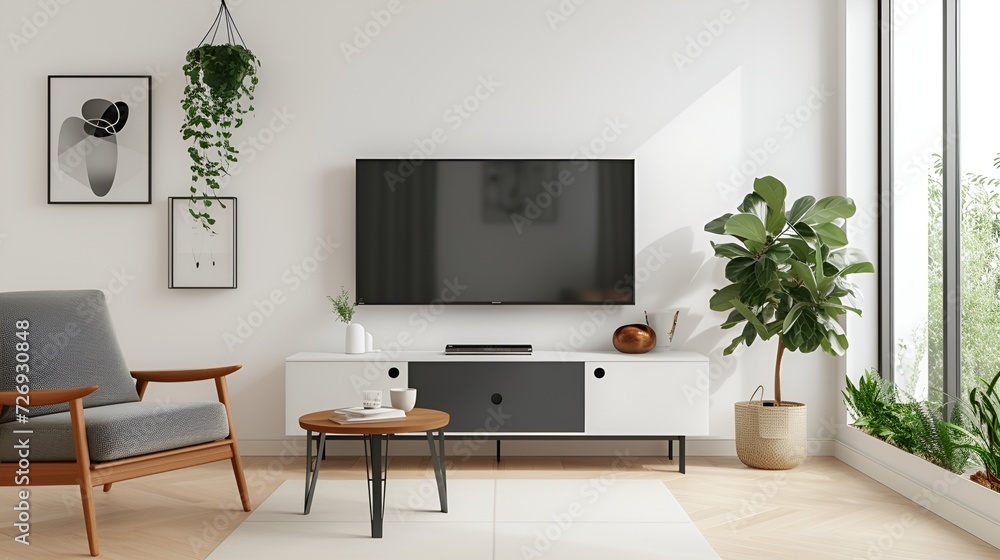 Cabinet for TV on the white wall in living room with armchair,minimal design. Side view aesthetic living room Cabinet for TV on the white wall in living room with armchair,minimal design. Side view aesthetic living room