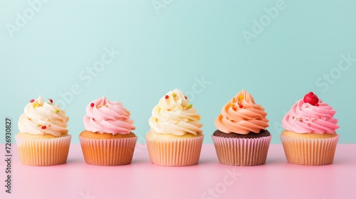 Close-up of a row of delicious yellow, orange, pink cupcakes decorated with cream on a colored pink table on a blue pastel background with a space for text.