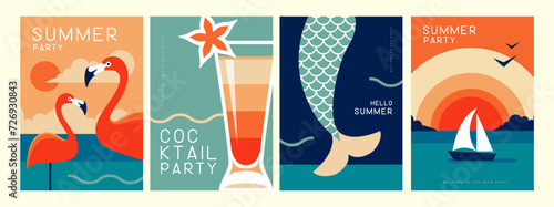 Set of retro summer posters with summer attributes. Cocktail silhouette, flamingo, mermaid tail and ship in the sea. Vector illustration