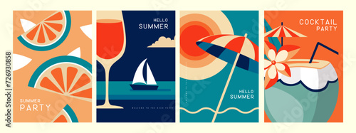 Set of retro posters with summer attributes. Wine glass silhouette, pina colada, fruil slices, beach umbrella and ship. Vector illustration