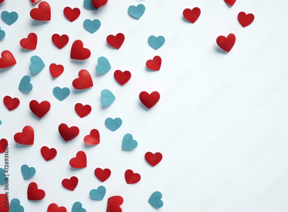 Red hearts scattered over white paper background