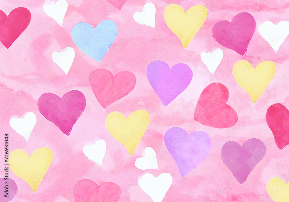 Watercolor picture of hearts  pink background