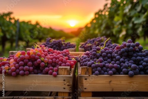Sunset Glow Over Fresh Harvested Grapes in Wooden Crates