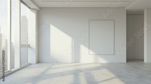 A vacant white room with a mockup of a blank canvas poster positioned on the white wall