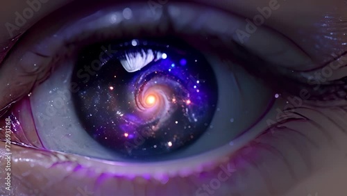 A close-up of a human eye reflecting the nebulae and glimmer of the universe, symbolizing infinite imagination and profound knowledge.
