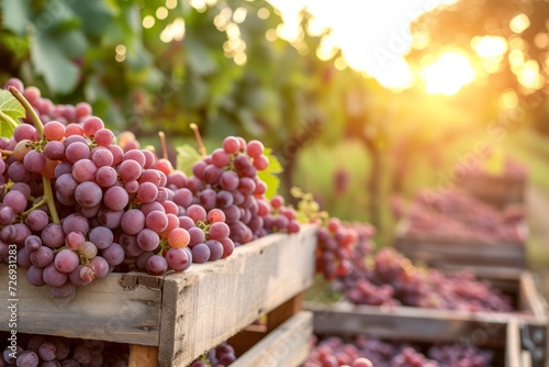 Sunset Glow Over Fresh Harvested Grapes in Wooden Crates