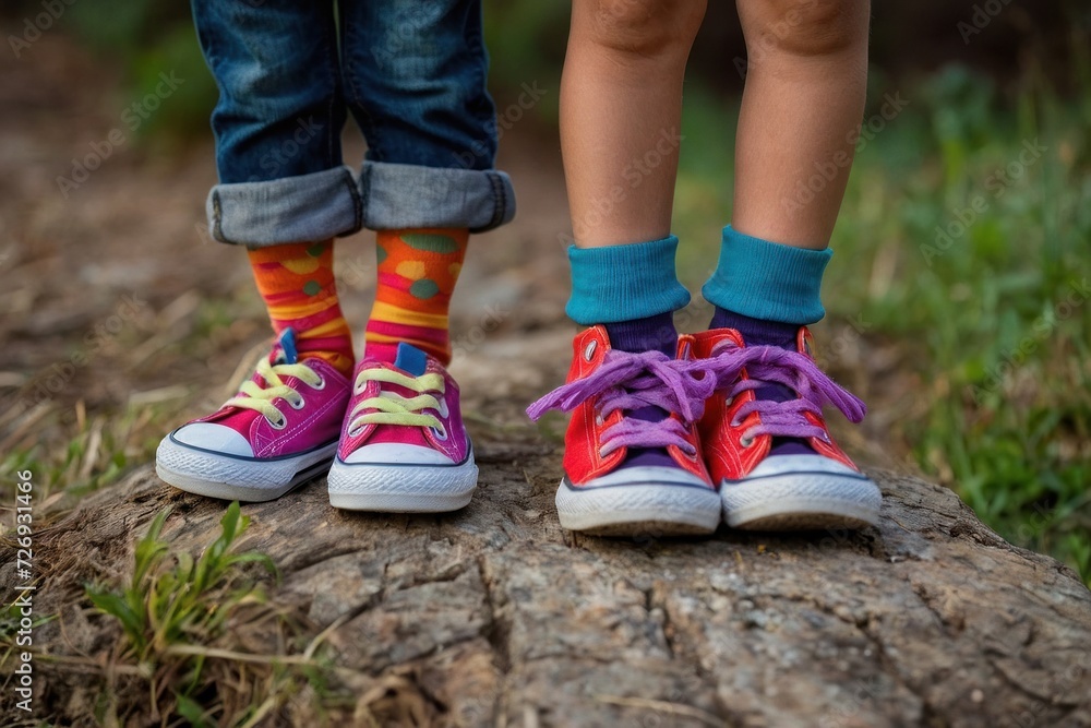Child's legs in colorful socks and sneakers, walking in winter