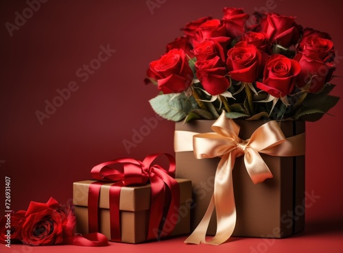 Bouquet red roses and gift box on a red background