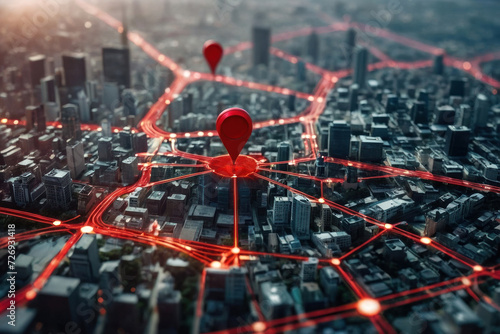 City map with symbols shown Red location on the air. Concepts  networks and electronic maps.