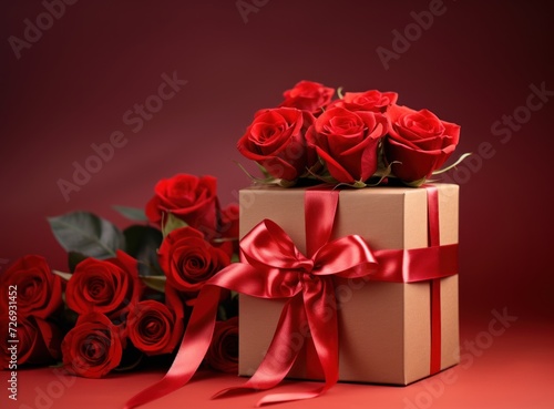 Bouquet red roses and gift box on a red background