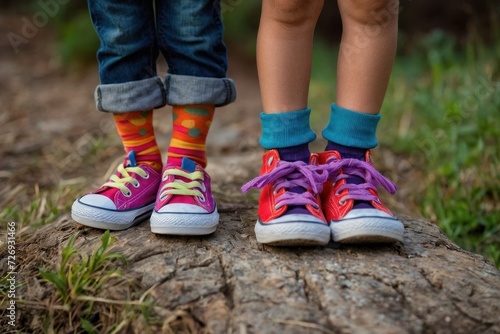 Child's legs in colorful socks and sneakers, walking in winter photo