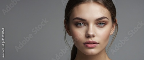 Captivating Woman's Studio Portrait Embracing Beauty, Fashion, and Natural Glamour with Fresh, Clean Skin and Sensual Makeup