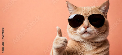 Playful orange cat, wearing cool sunglasses, gives thumbs up, expressing positive emotions, approval, agreement or liking something, against soft pink background