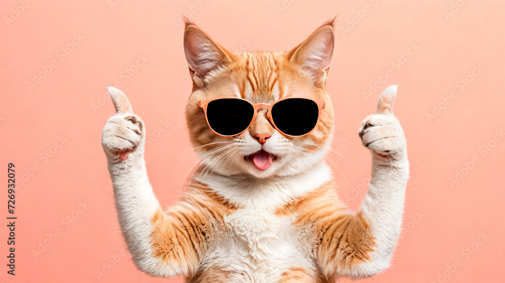 Playful orange cat with stripes, wearing cool sunglasses, sticks its tongue out and gives thumbs up with both paws, expressing approval or liking something, against soft pink background. - obrazy, fototapety, plakaty 