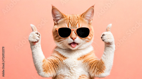 Playful orange cat with stripes, wearing cool sunglasses, sticks its tongue out and gives thumbs up with both paws, expressing approval or liking something, against soft pink background. photo