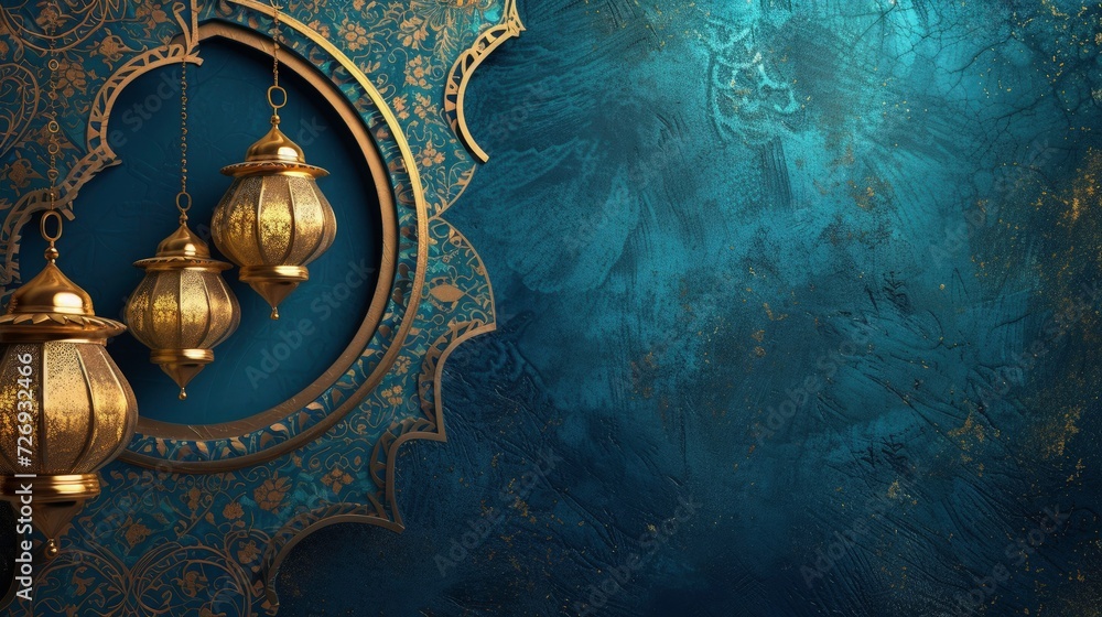 Ramadan Kareem Luxury gold and blue islamic background,  gold lantern hanging with circle shape
