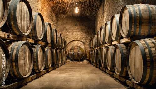 Whiskey, bourbon, scotch barrels in an aging facility