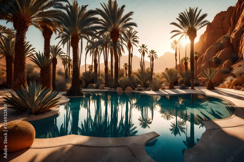 Fototapeta premium A breathtaking desert oasis vista, with palm trees swaying in the gentle breeze, a shimmering pool of water, and a sense of tranquility in the arid landscape.