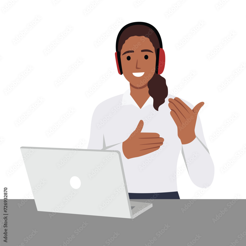 Customer service representative at computer in headset. isolated on white. Cartoon Phone Operator. Support center. Flat vector illustration isolated on white background Customer service representative at computer in headset. isolated on white. Cartoon Phone Operator. Support center. Flat vector illustration isolated on white background
