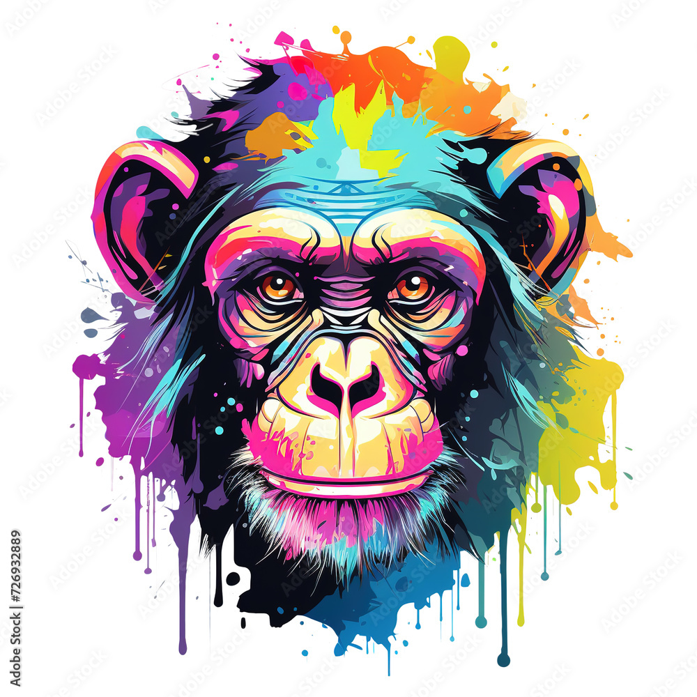 A cute colorful chimpanzee head painting on a clean background ...