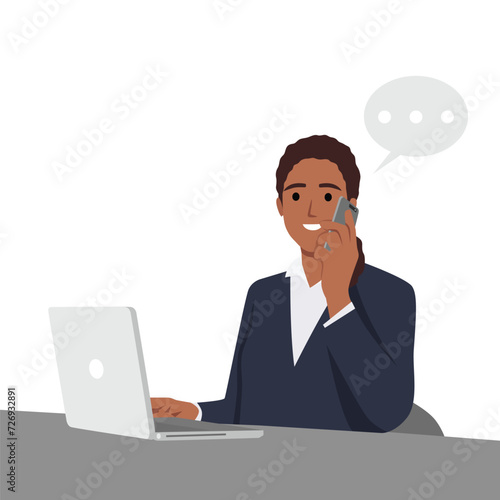 Business woman sitting at workplace desk front view business man using computer while talking on landline phone. Flat vector illustration isolated on white background