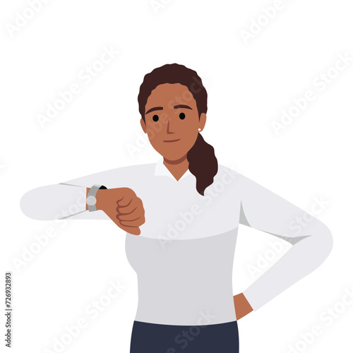 Young woman checking the time by looking at her wrist watch. Time management concept. Flat vector illustration isolated on white background