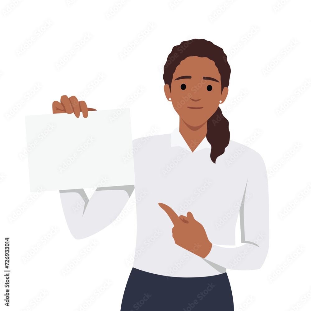 Girl holding displaying white blank board and pointing finger. Happy woman showing blank signboard with copyspace area. Flat vector illustration isolated on white background Girl holding displaying white blank board and pointing finger. Happy woman showing blank signboard with copyspace area. Flat vector illustration isolated on white background