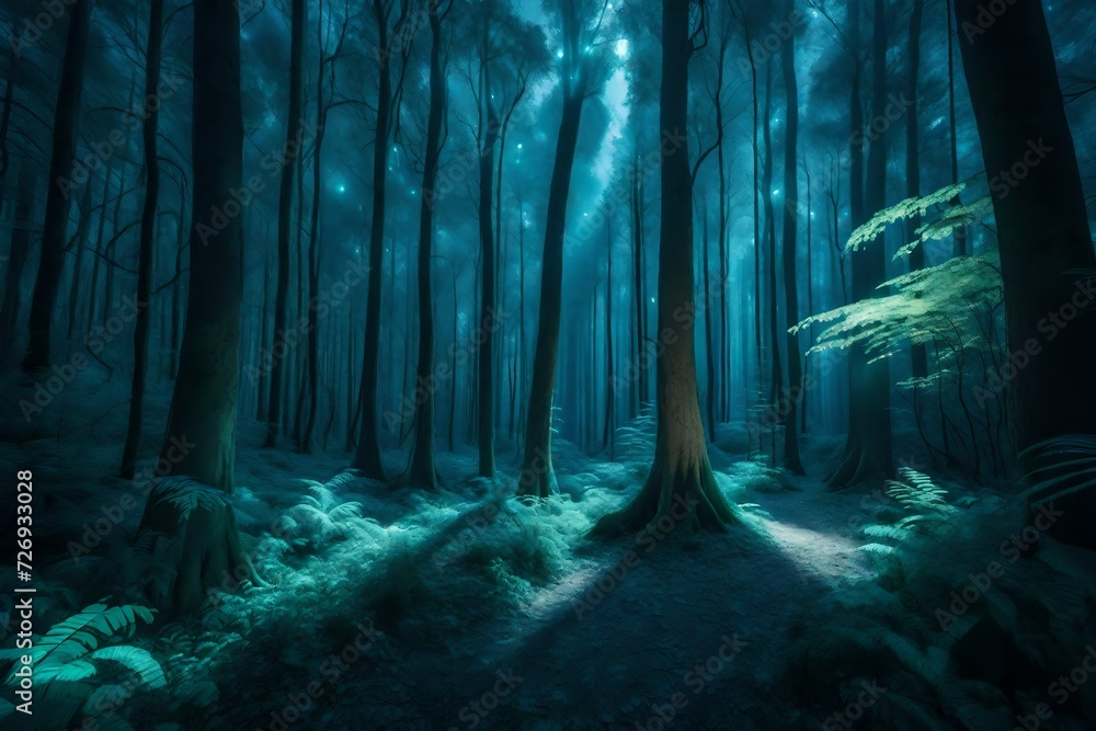 Fototapeta premium A surreal vista of a bioluminescent forest at night, with trees emitting an ethereal glow, casting an otherworldly light on the enchanting surroundings.