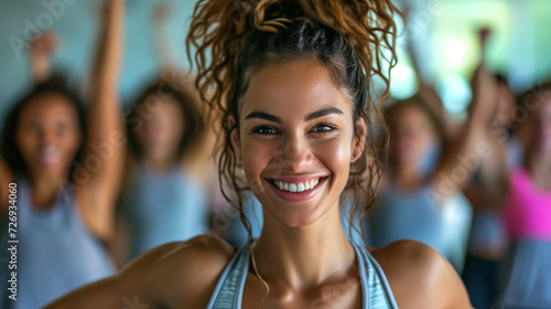 Cute brown woman smiling for camera at the fitness class.