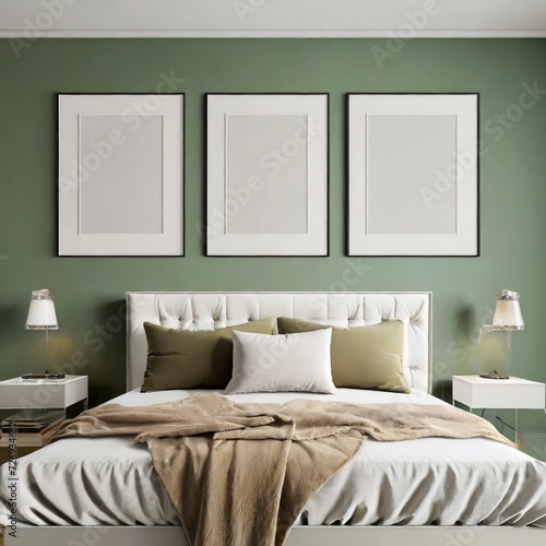 Modern bedroom interiors with tufted bed and 3 frame mock ups, Ai generated illustration