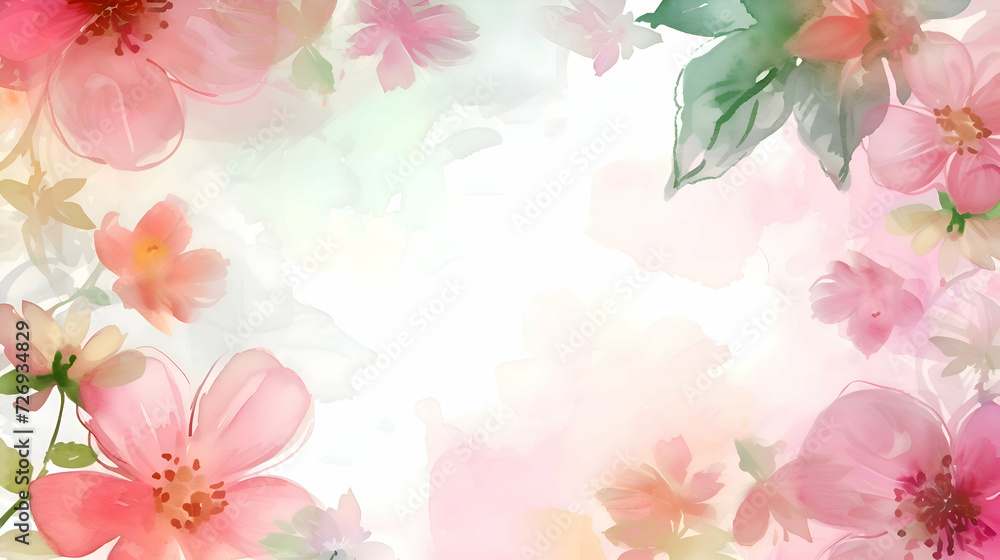 Watercolor colorful spring flowers background with empty space for text. 
