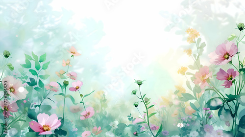 Watercolor colorful spring flowers background with empty space for text. Boho wallpaper floral. 