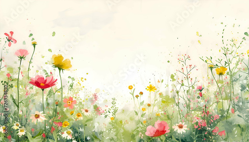 Watercolor colorful spring flowers background with empty space for text. Boho wallpaper floral.  © Clip Arts Fusion 