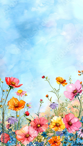 Watercolor colorful spring flowers background with empty space for text.  © Clip Arts Fusion 