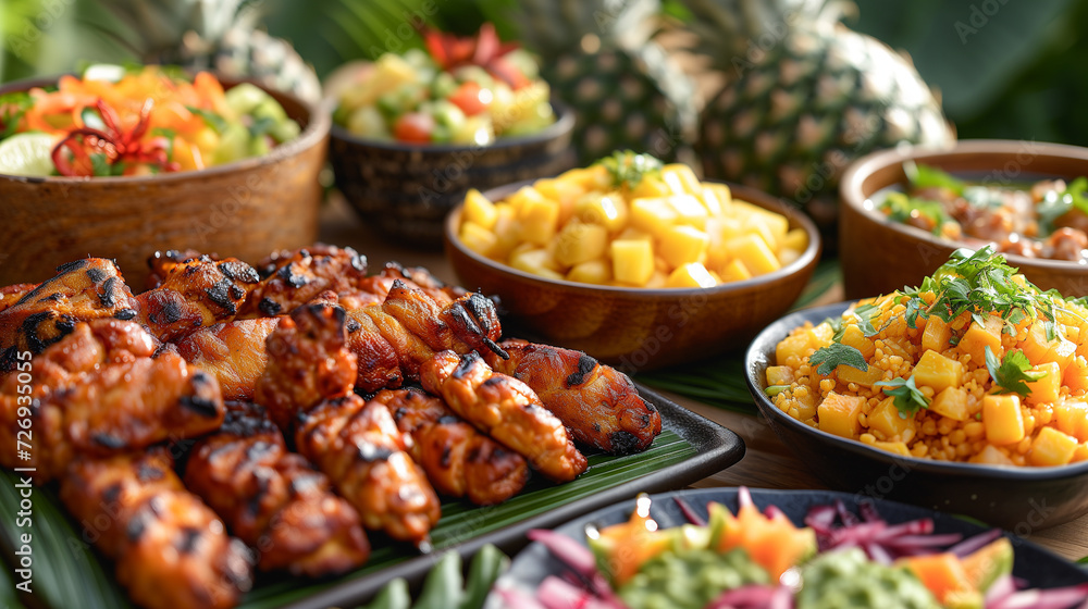 Hawaiian traditional bbq meat with pineapple slices. Traditional islands favorite dish.