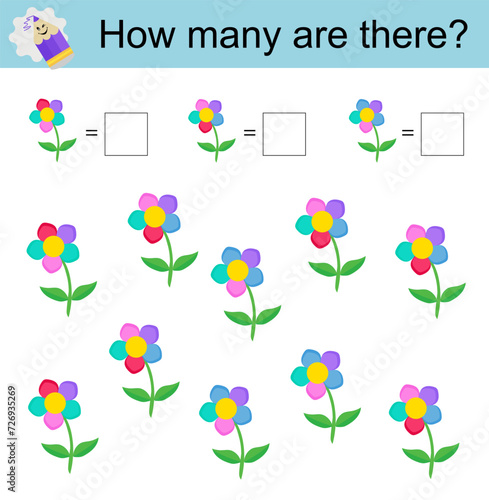 Math activity for children. Developing numeracy skills. Cartoon flowers. © Faziljan